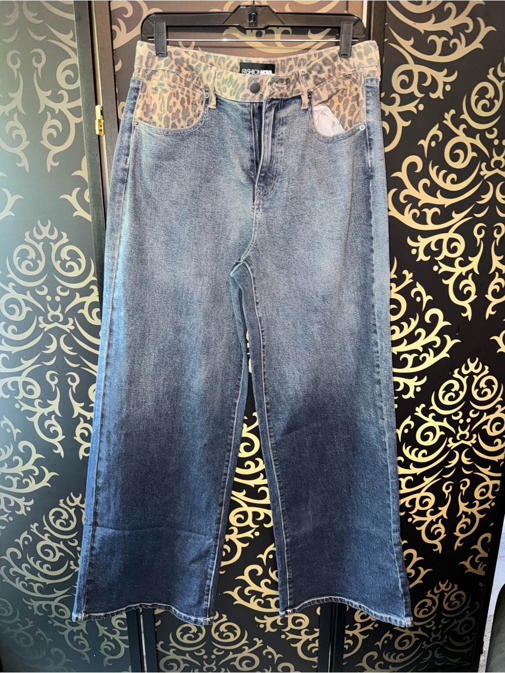 Fashion Nova Medium Blue Straight-Leg Jeans with Leopard Waist Trim